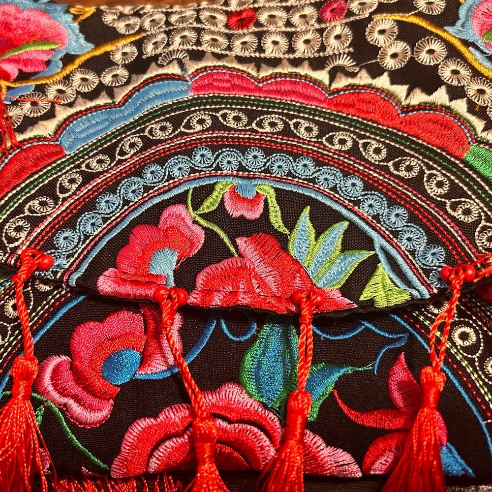 Multicolored Boho Embroidery with Pompoms & Tassels Crossbody - Picture 6 of 8
